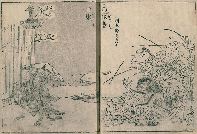 鳥山石燕作「図画百鬼夜行」（左）獺（かわうそ）・（右）河童（国立国会図書館ウェブサイトより）